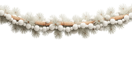 Elegant Christmas holiday garland, white pine branches, wooden elements, festive white ornaments, cozy winter decor, celebration background, aesthetic seasonal design