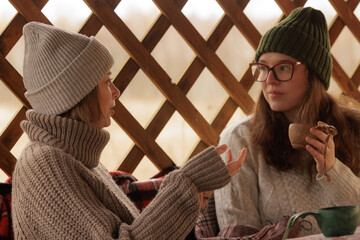 Warm conversations in a cozy cabin during a chilly winter evening