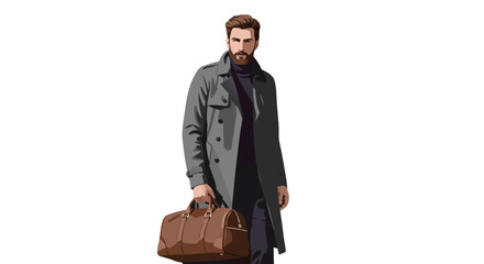 Stylish man walking with brown duffel bag in modern coat  