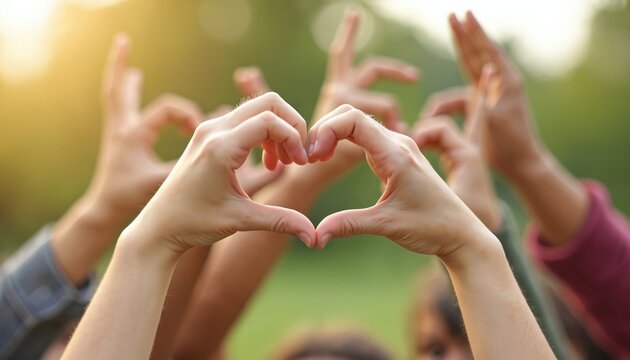 Group hands forming a heart shape symbol. People show love and support. Friends express togetherness. Outdoor shot with natural light. Community concept with shared affection.