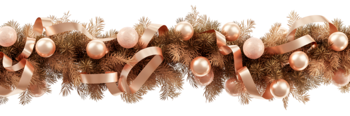 Elegant Christmas garland, festive gold & rose gold holiday decor, shimmering ornaments, pine branches, cozy celebration background, winter aesthetic, luxurious frame, upscale decoration, party ban