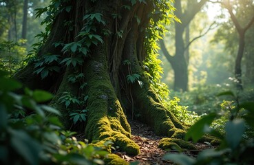 Fototapeta premium Close up of moss covered tree roots in a vibrant green forest with sunlight filtering through the canopy. Rich vegetation and vines grow around the thick woody trunk in a natural wild setting.