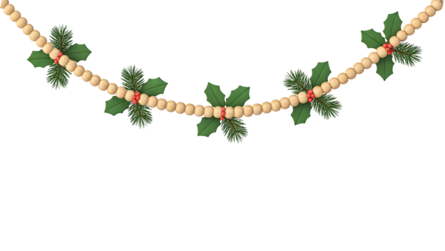 Elegant Christmas garland, wooden beads, holly leaves, red berries, pine needles, festive winter holiday decor, cozy aesthetic background, celebration element, traditional charm.