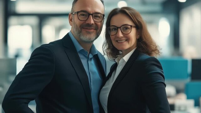 Two professionals posing in an office environment, smiling at the camera.