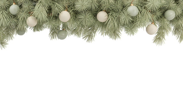 Elegant Christmas pine branches, sage green, with white and pale marble-textured ornaments, festive holiday decor, cozy winter background, celebration aesthetic, seamless design element for seasona