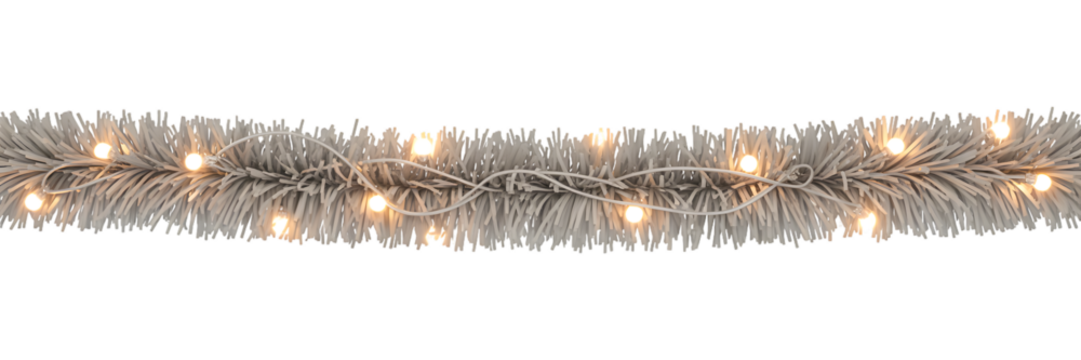 Elegant white Christmas garland with glowing warm lights, festive holiday decor, cozy winter celebration background, aesthetic seasonal design element, isolated for greeting cards.