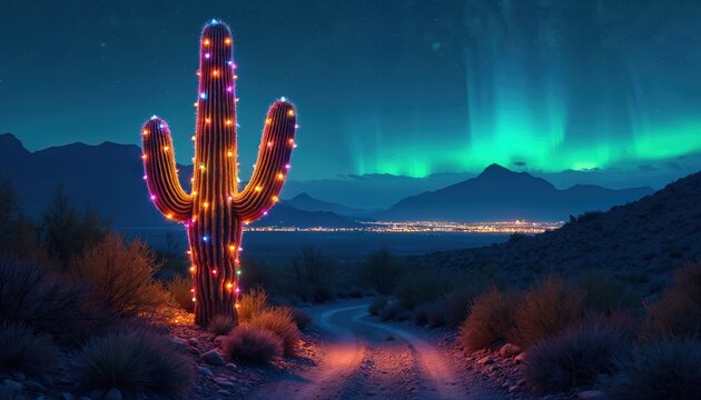 Festive desert landscape with saguaro cactus decorated with holiday lights. Night scene featuring starry sky with aurora borealis above mountains. Southwestern Christmas theme. Road glows to lighted