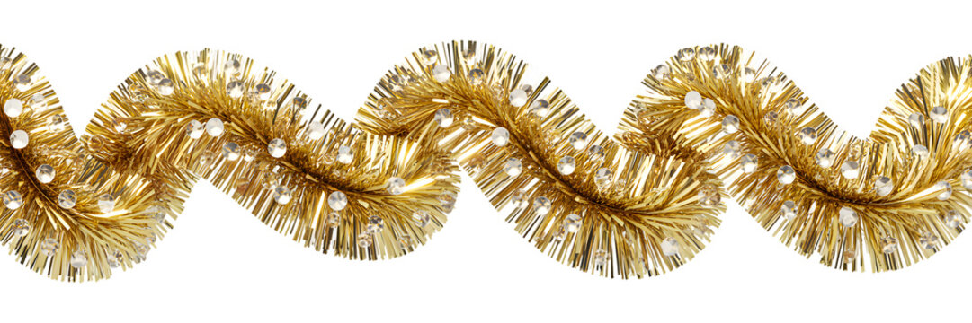 Shimmering gold tinsel garland with sparkling clear gems, perfect festive holiday background, Christmas decor, elegant celebration design, luxurious golden aesthetic, cozy winter banner. - Powered by Adobe
