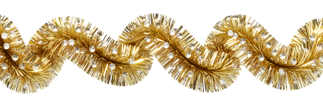 Shimmering gold tinsel garland with sparkling clear gems, perfect festive holiday background, Christmas decor, elegant celebration design, luxurious golden aesthetic, cozy winter banner. - Powered by Adobe