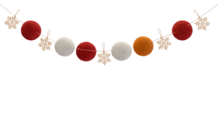 Cozy Christmas garland with red, white, and orange textured pom-pom balls and wooden snowflake cutouts, perfect for festive holiday decor, elegant winter celebration aesthetic, charming background.