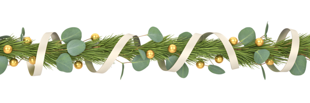 Festive Christmas garland with lush pine, eucalyptus, golden baubles, and elegant cream ribbon, creating a cozy holiday decor. Ideal winter celebration aesthetic background or border.
