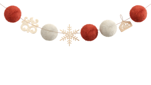 Cozy Christmas garland with red and white fluffy pom-poms, wooden snowflakes, elegant winter decor on black. Festive holiday background for celebration aesthetic.