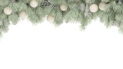 Elegant Christmas festive border, snowy pine branches, cream ornaments, cozy winter holiday background, seasonal celebration decor, aesthetic design, perfect for invitations, banners, and greeting 