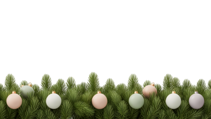 Festive Christmas holiday decor, elegant pastel ornaments, pine branches, cozy winter border, celebration background, minimalist design, aesthetic winter greens on black, seasonal greeting.