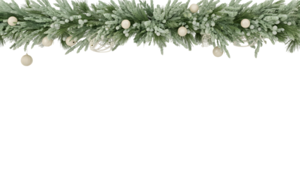 Elegant Christmas garland border with frosted pine branches, white berries, ornaments. Perfect festive, winter, cozy holiday background, decorative element for celebration aesthetic.