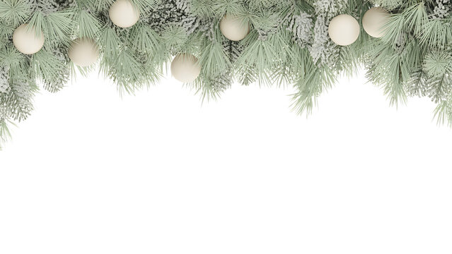 Elegant Christmas festive border, snowy pine branches, cream ornaments, cozy winter holiday background, seasonal celebration decor, aesthetic design, perfect for invitations, banners, and greeting 