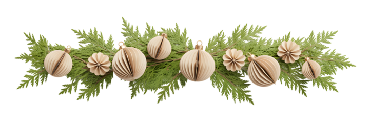 Elegant Christmas garland with natural cedar branches and cream paper ornaments, festive holiday decor, cozy winter aesthetic, celebration background, inviting seasonal design, sophisticated stylin