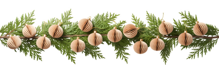Elegant Christmas holiday decor, festive winter background, cozy aesthetic, featuring paper honeycomb ornaments on green cedar branches, isolated on black, perfect for celebrations and greetings.