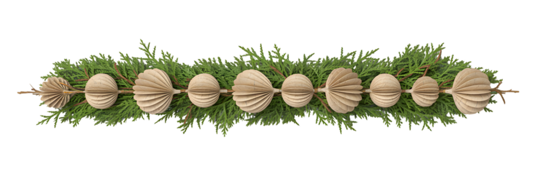 Festive Christmas garland featuring lush evergreen branches and elegant natural beige paper ornaments, perfect holiday decor, winter cozy background, celebration aesthetic. - Powered by Adobe