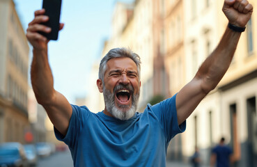 Middle age man holds smartphone aloft shouting with joy and raised arms celebrating success on city street. Excited person wins, expresses extreme happiness and triumph. Achievement feels good.