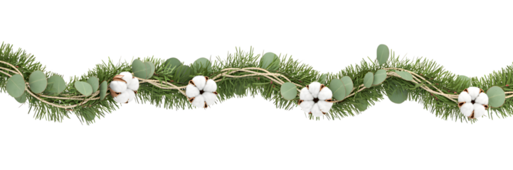 Christmas festive garland with pine, eucalyptus, cotton, and twine, rustic elegant holiday decor, cozy winter background, natural greenery for celebration aesthetic, perfect for seasonal designs.