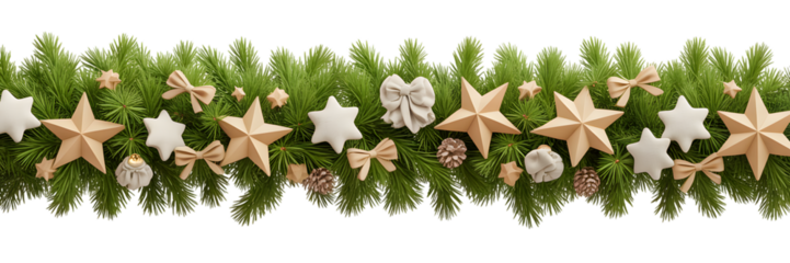 Elegant Christmas garland with green pine branches, festive beige stars, bows, pinecones, cozy holiday decor, winter celebration background, aesthetic design element.