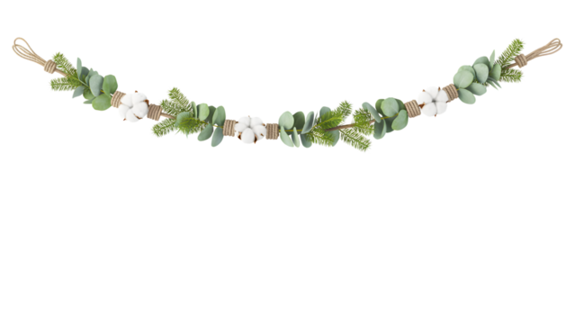 Rustic Christmas holiday garland featuring pine, eucalyptus, cotton bolls, and jute rope decor, festive, winter, cozy, elegant background for celebration, natural aesthetic.