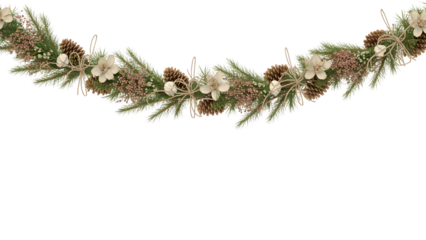 Elegant Christmas garland with pinecones, evergreen branches, rustic twine, cozy cream flowers, festive holiday decor, winter aesthetic, seasonal celebration, natural background element