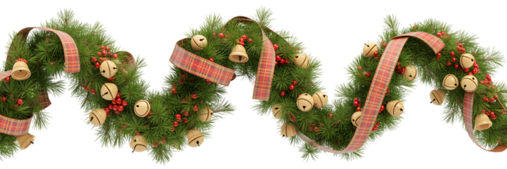 Vibrant Christmas holiday garland, green pine, red berries, golden jingle bells, plaid ribbon, elegant festive decor, cozy winter background, celebration aesthetic, perfect for seasonal designs.
