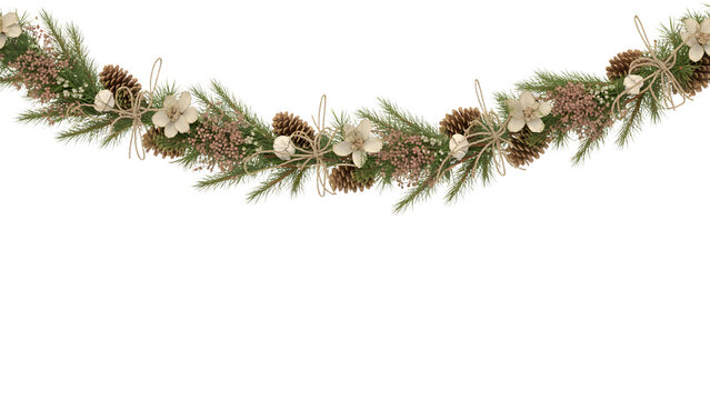 Elegant Christmas garland with pinecones, evergreen branches, rustic twine, cozy cream flowers, festive holiday decor, winter aesthetic, seasonal celebration, natural background element