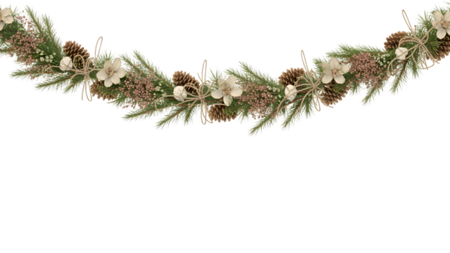 Elegant Christmas garland with pinecones, evergreen branches, rustic twine, cozy cream flowers, festive holiday decor, winter aesthetic, seasonal celebration, natural background element - Powered by Adobe