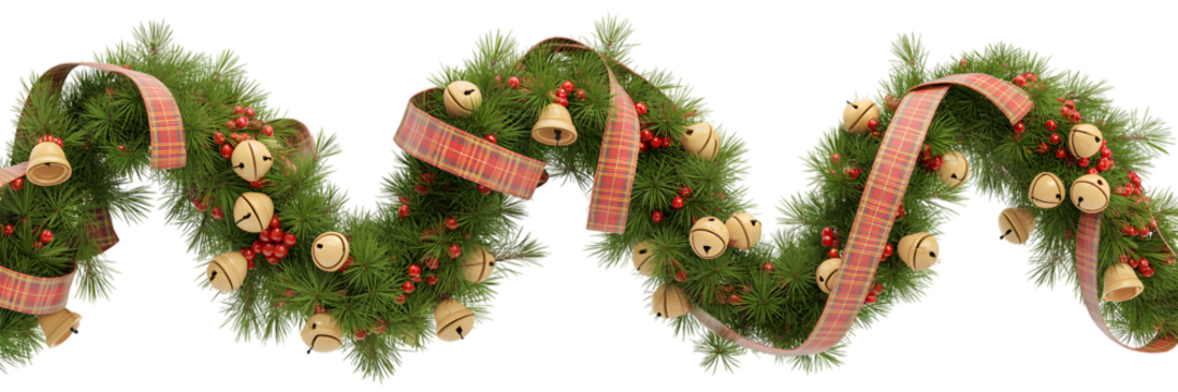 Vibrant Christmas holiday garland, green pine, red berries, golden jingle bells, plaid ribbon, elegant festive decor, cozy winter background, celebration aesthetic, perfect for seasonal designs.