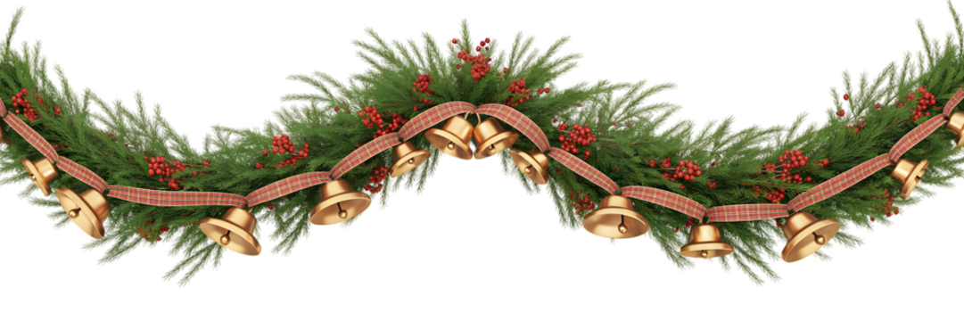 Elegant Christmas garland with golden bells, festive red berries, and evergreen branches on black. Perfect holiday decor, winter background, cozy celebration aesthetic, seasonal banner, traditional