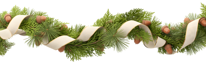 Elegant Christmas garland border with green pine, cedar branches, natural acorns, white ribbon, festive holiday decor, winter celebration, cozy aesthetic background for seasonal designs.