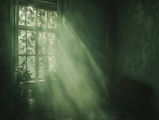Sunbeams stream through a dusty window, illuminating an abandoned room with overgrown plants. The image evokes nostalgia, decay, and nature reclaiming space, melancholy, depressive place . 