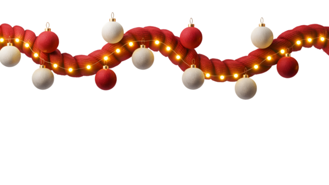 Cozy red rope Christmas garland with festive white and red ornaments, glowing fairy lights on black background, elegant holiday decor, winter celebration aesthetic, festive design element