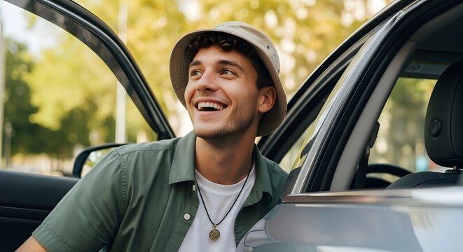 A  man sitting in the drivers seat of a car, ready for a adventure journey concept