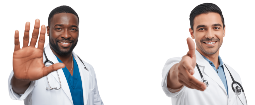 Positive male doctor extends his hand for a handshake isolated on transparent background