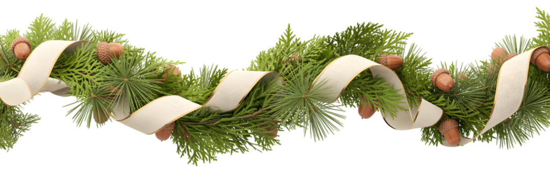 Elegant Christmas garland border with green pine, cedar branches, natural acorns, white ribbon, festive holiday decor, winter celebration, cozy aesthetic background for seasonal designs.