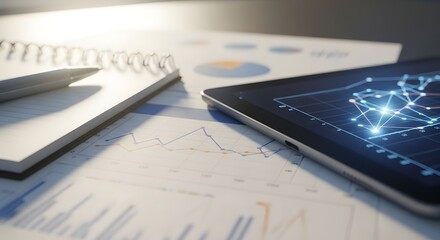 Office concept Digital tablet displaying network graph over financial charts and notebook with pen