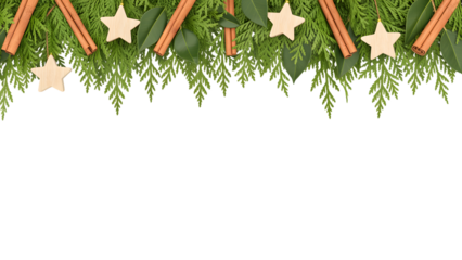 Festive Christmas holiday background, elegant evergreen branches, natural cinnamon sticks, rustic wooden star decor. Cozy winter celebration frame, aesthetic design template, perfect for greetings.