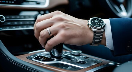 Luxury concept Closeup of a mans hand wearing a watch and ring, shifting gears in a luxury car