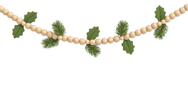 Natural wooden bead garland with green holly leaves, pine needles, festive Christmas decor, cozy winter holiday background, elegant celebration, aesthetic design element.