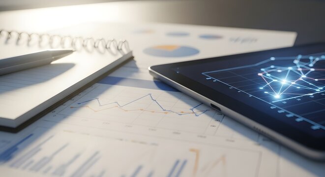 Office concept Digital tablet displaying network graph over financial charts and notebook with pen