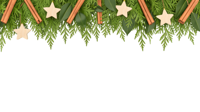 Festive Christmas holiday background, elegant evergreen branches, natural cinnamon sticks, rustic wooden star decor. Cozy winter celebration frame, aesthetic design template, perfect for greetings.
