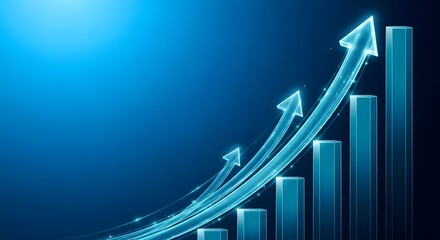 Blue glowing arrows showing upward trend on a bar chart representing financial growth and success