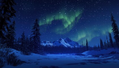 Fototapeta premium Spectacular green aurora borealis illuminates a snow-covered arctic landscape at night