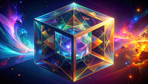 Neon glowing geometric cube with cosmic light and galactic colors, abstract futuristic fantasy background. Ideal for virtual reality, digital art, sci-fi, AI, cyberpunk, NFT, metaverse, blockchain