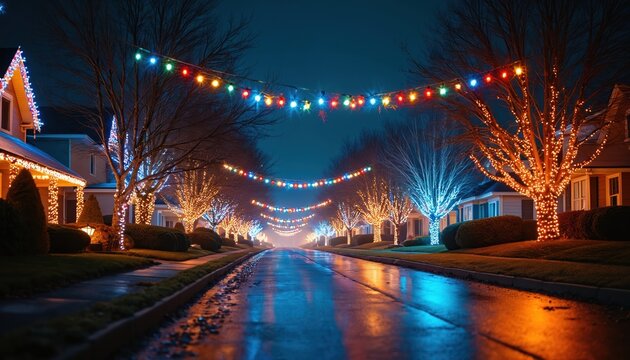 Residential street glows with festive Christmas lights on houses, trees at night. Colorful string lights adorn homes, bare tree branches, creating magical holiday atmosphere on wet road reflecting - Powered by Adobe