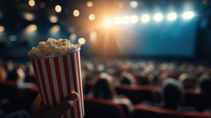 Popcorn Bucket in a Crowded Movie Theater with Dramatic Lighting